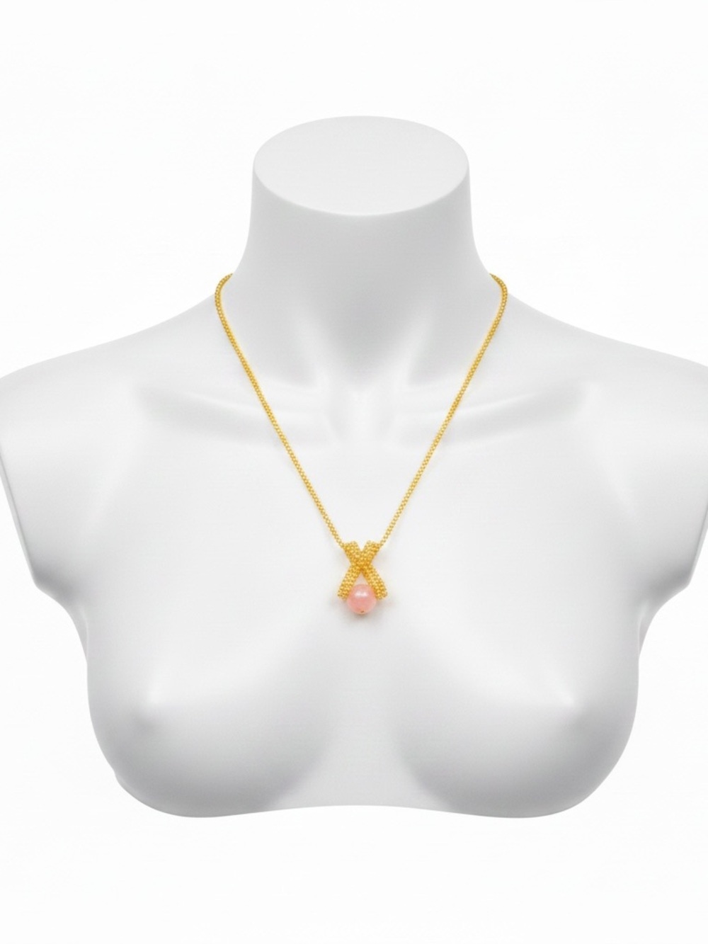 Gold Beaded Necklace with Pink rose quartz Teardrop Pendant - Women Jewelry
